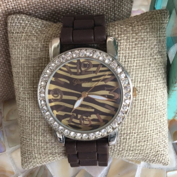 Geneva Platinum Accessories - DONATED Brown/gold zebra print face silicon watch